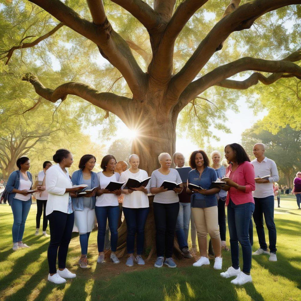 A serene scene featuring a diverse group of cancer survivors and advocates gathered in a sunlit park, deep in conversation while holding books and tablets filled with informative resources. In the background, a symbolic tree with deep roots represents knowledge and growth, while butterflies flutter around, symbolizing hope and transformation. The atmosphere is filled with warmth and positivity, inviting viewers to feel empowered. vibrant colors. super-realistic. sunny day.