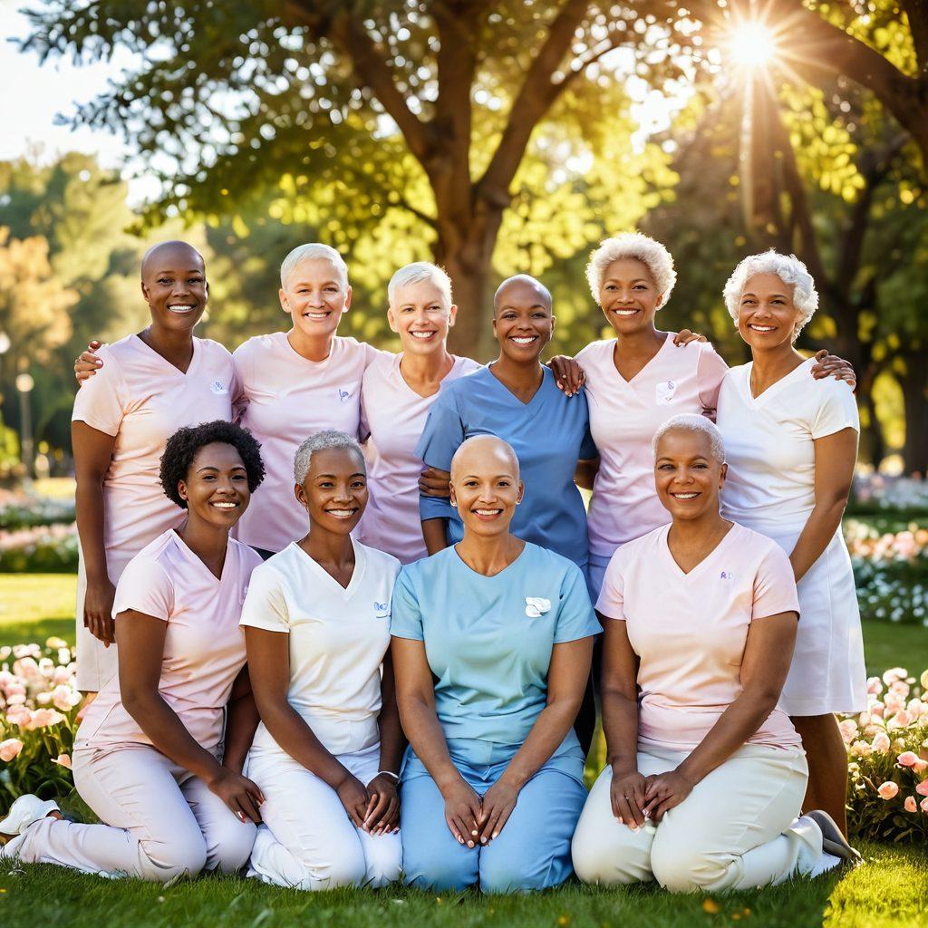 A serene scene depicting a diverse group of cancer survivors smiling and embracing each other in a sunlit park, surrounded by blooming flowers symbolizing hope. In the background, gentle silhouettes of support icons like a heart and a ribbon. The atmosphere should radiate empowerment and unity, with uplifting colors and warm light. soft focus. vibrant colors. 3D.