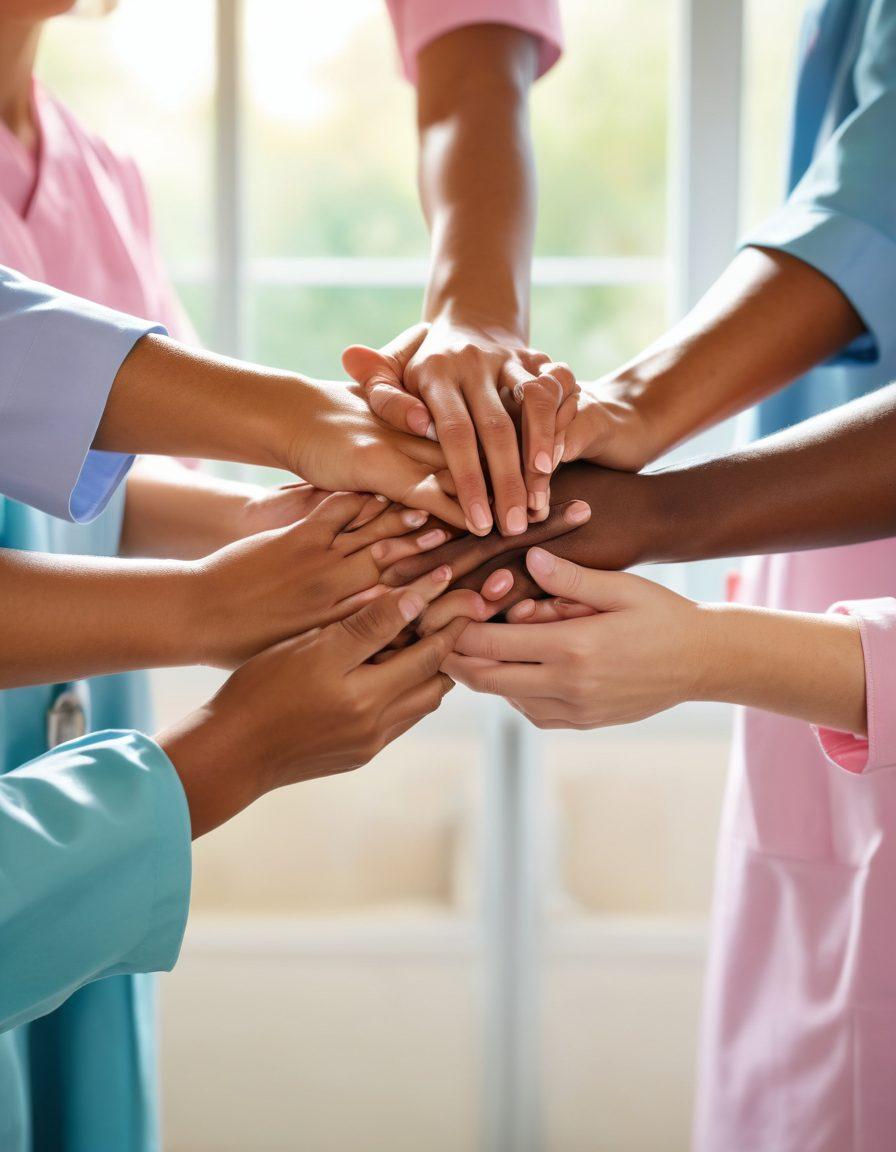 A heartfelt scene depicting a diverse group of individuals, including patients, caregivers, and healthcare professionals, in a sunlit hospital room. They are engaged in supportive conversations, showcasing emotions of hope and resilience. Soft pastel colors create a warm atmosphere, with a focus on intertwined hands to symbolize unity and support. Elements like a 'Hope' wall with uplifting quotes and cancer awareness ribbons enhance the message. super-realistic. vibrant colors. uplifting.